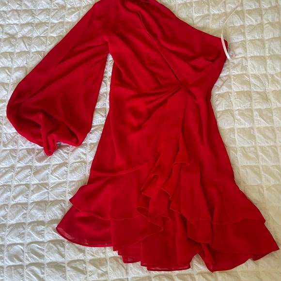 Michael Costello Sunny Chiffon Red One Shoulder Dress - Picture 5 of 15